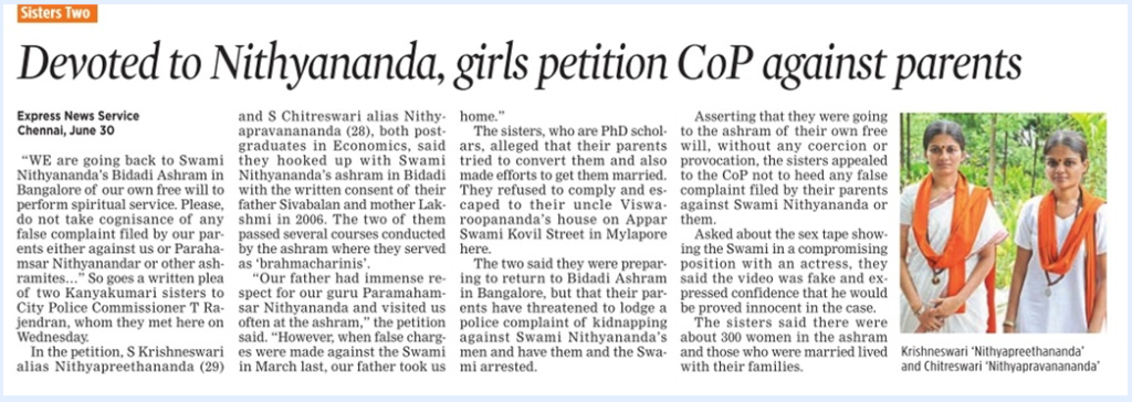 Devoted to Nithyananda, girls petition CoP against parents