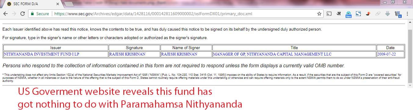 US Government SEC website reveals this entity has got nothing todo with Paramahamsa Nithyananda