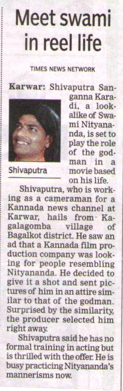 The Times of India_Jan 9 2011_Pg 4_Meet swami in reel life_Bangalore