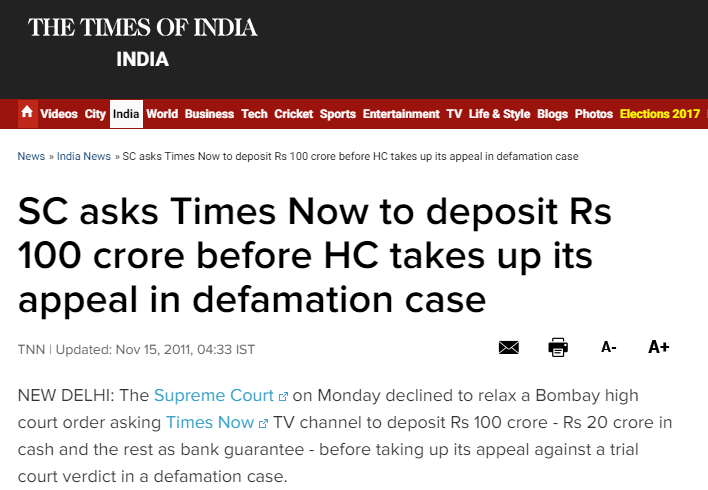 https://timesofindia.indiatimes.com/india/SC-asks-Times-Now-to-deposit-Rs-100-crore-before-HC-takes-up-its-appeal-in-defamation-case/articleshow/10734614.cms