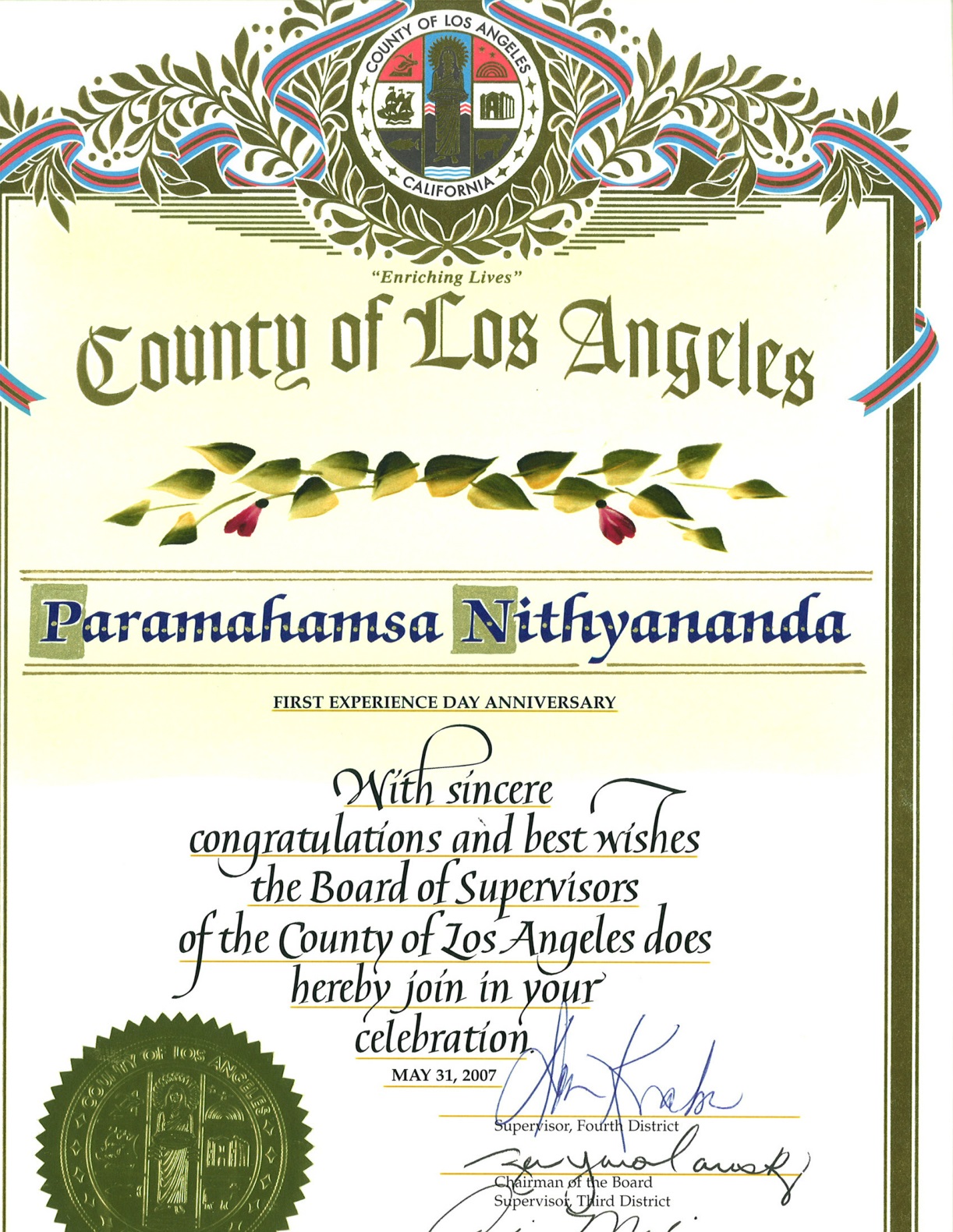 May 31, 2007: The County of Los Angeles, California, USA, acknowledged His Divine Holiness for his contribution to meditation & yoga.