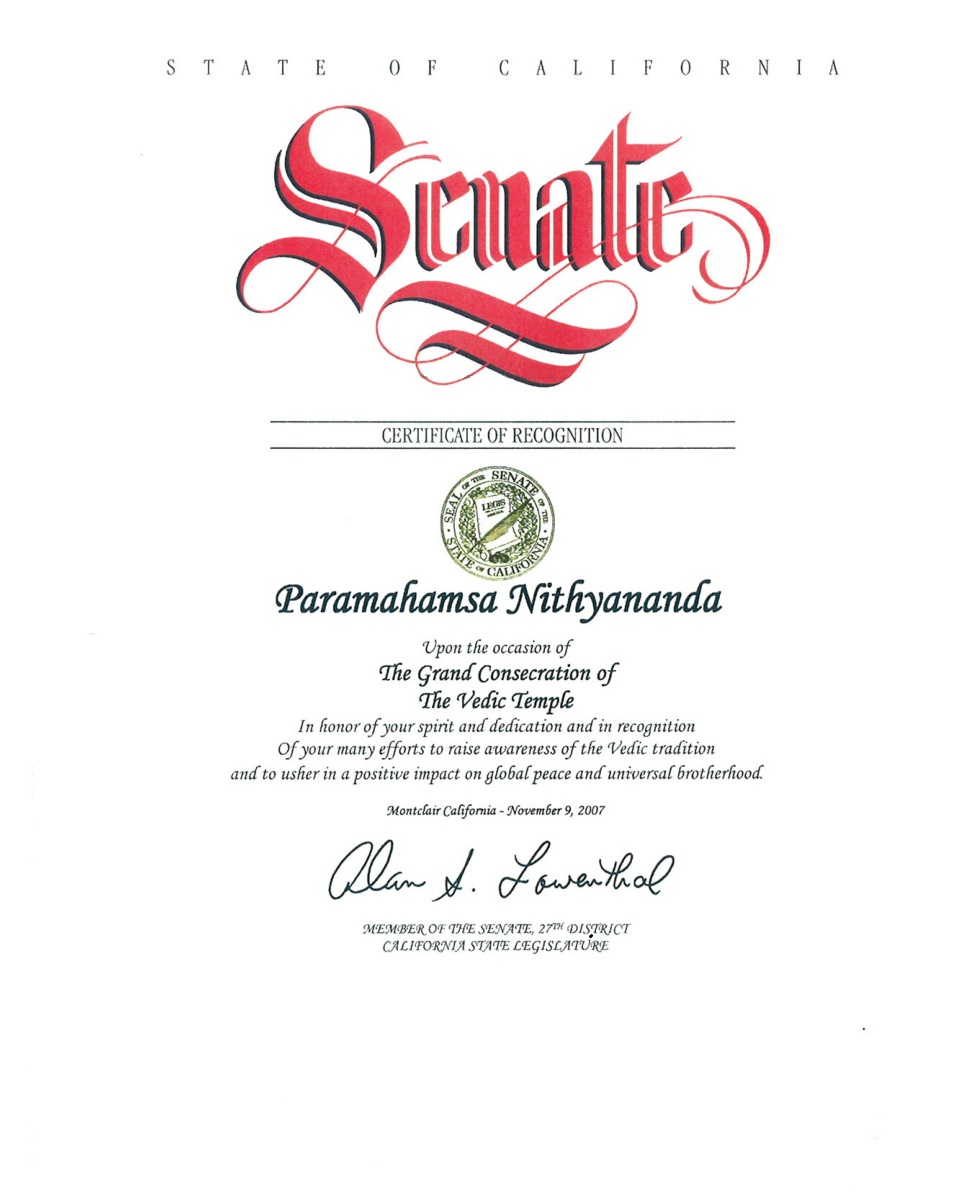 November 9, 2007: The Mayor of the City of Montclair, USA, Paul M. Eaton, recognized the grand inauguration of the Nithyananda Vedic temple.