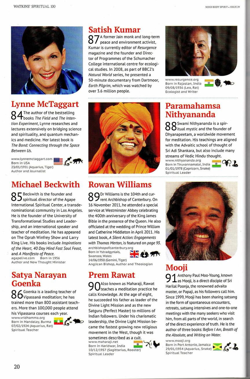 2012: His Divine Holiness was named among the worldâ€™s 100 most spiritually influential personalities by renowned esoteric magazine â€˜Body Mind Spiritâ€™, published by Londonâ€™s Watkins.