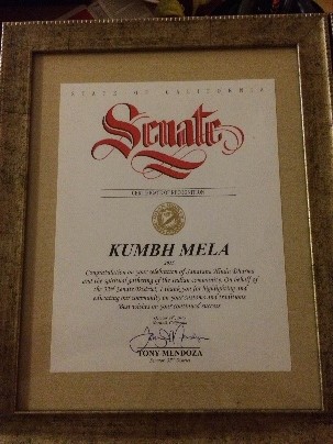 October 24, 2015: The Senate of the State of California, USA recognized and congratulated His Holiness for highlighting and educating the community on Kumbh Mela.