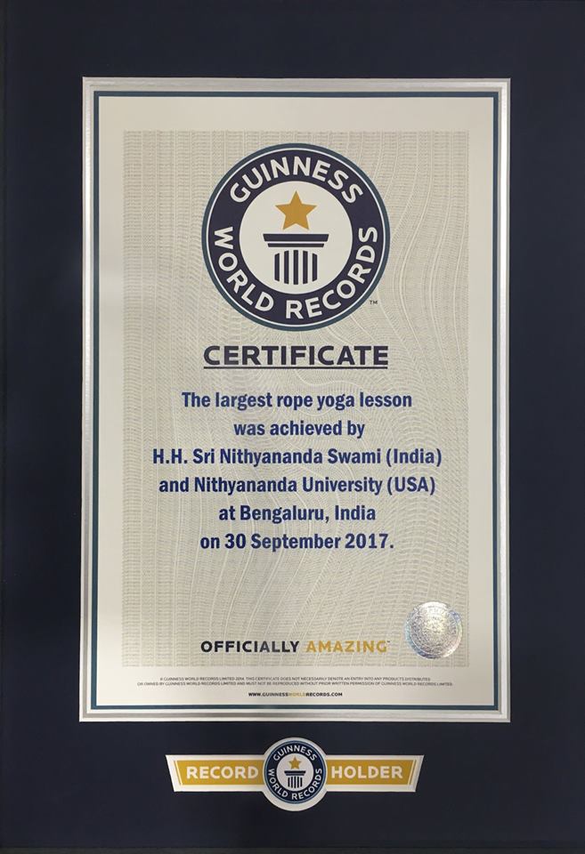 September 30, 2017: His Divine Holiness was awarded Guinness World Records for the largest rope yoga (Kundalini Rajju Yoga<sup>SM</sup>) class.