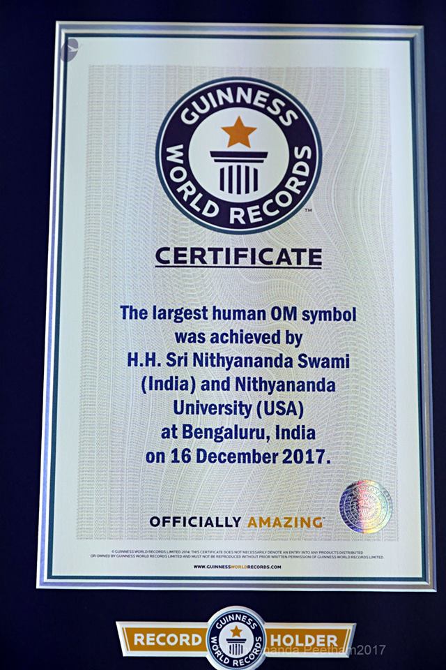 16 Dec 2017 : The largest human OM symbol was achieved by H.H. Sri Nithyananda Swami (India) and Nithyananda University (USA) at Bengaluru, India on 16 December 2017