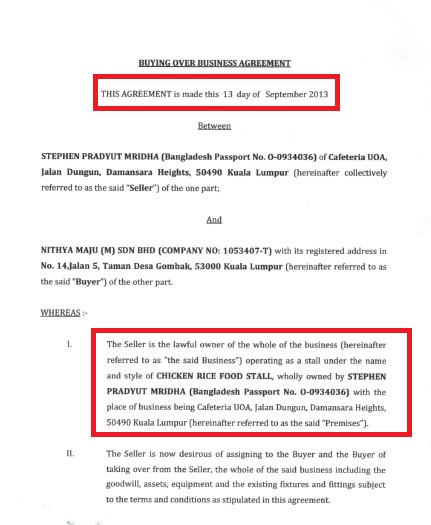 Chicken Rice Shop Agreement Signed between Loganathan (Director of Nithya Maju Sdn. Bhd) and the vendor on 