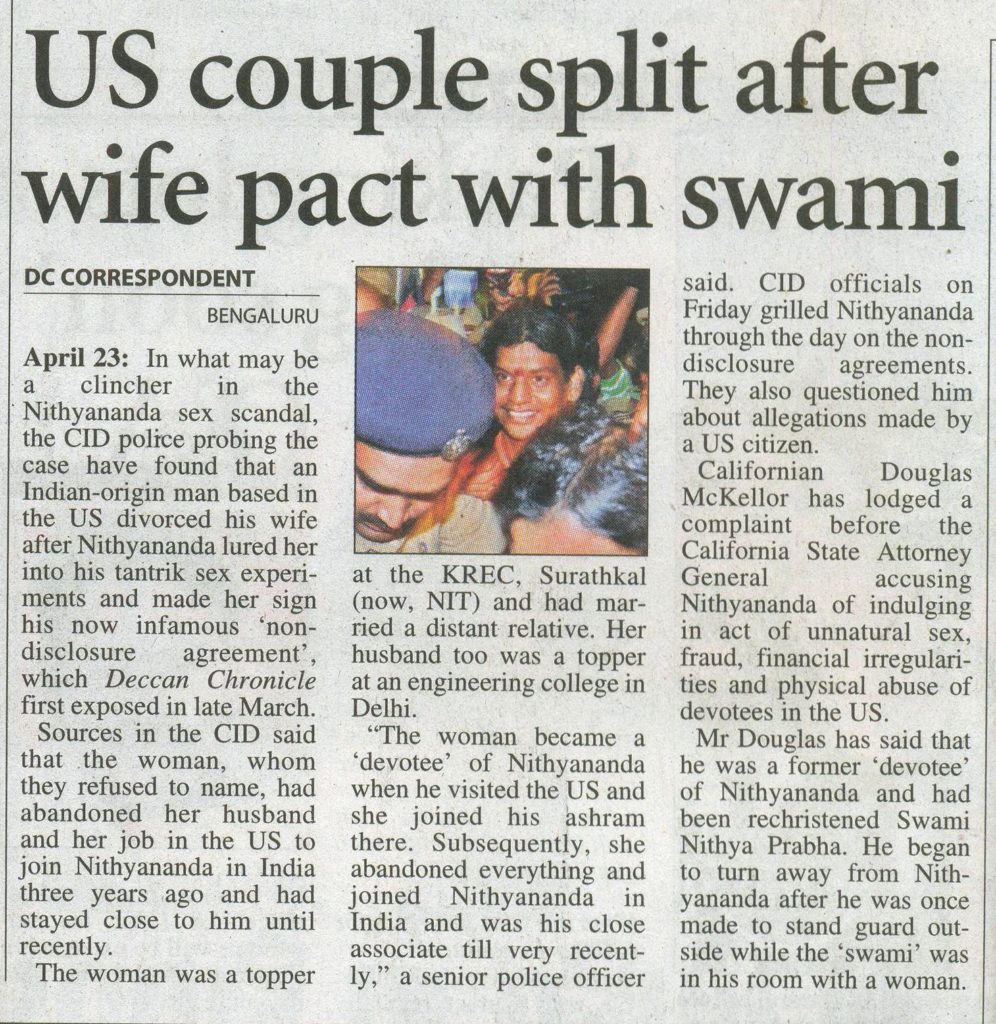 Deccan Chronicle_Apr 24 2010_Pg 1_US couple split after wife pact with swami_Bangalore