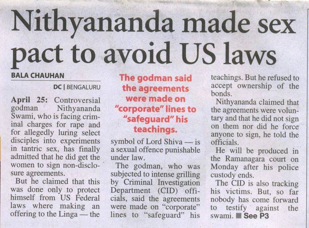 Deccan Chronicle_Apr 26 2010_Pg 1_Nithyananda made sex pact to avoid US law_Bangalore