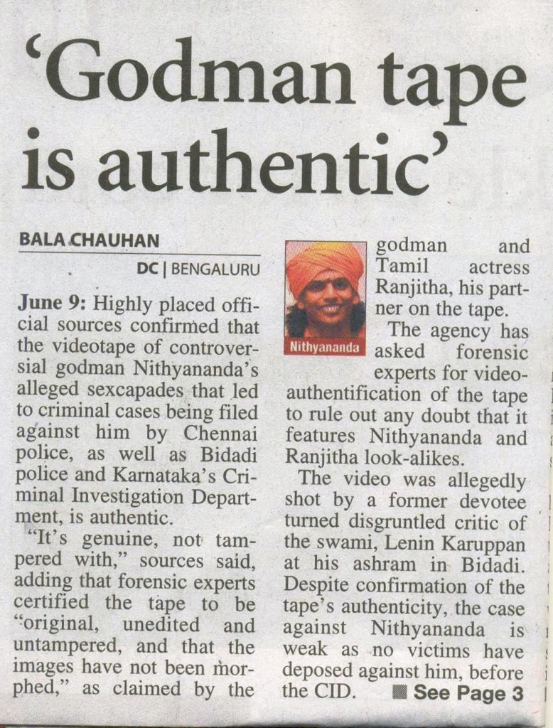 Deccan Chronicle_Jun 10 2010_Pg 1_Godman tape is authentic_Bangalore