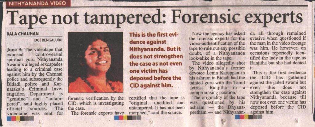 Deccan Chronicle_Jun 10 2010_Pg 3_Tape not tampered Forensic experts_Chennai