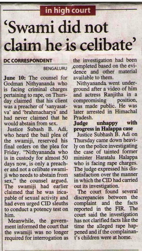 Deccan Chronicle_Jun 11 2010_Pg 4_Swami did not claim he is celibate_Bangalore