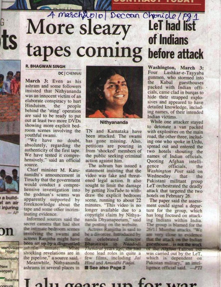 Deccan Chronicle_Mar 4 2010_Pg 1_More Sleazy tapes coming_Bangalore