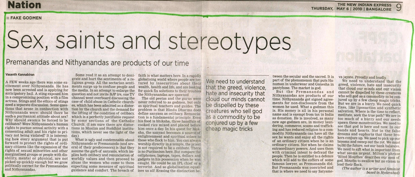 The New Indian Express_May 06 2010_Pg 9_Sex saints and stereotypes_Bangalore