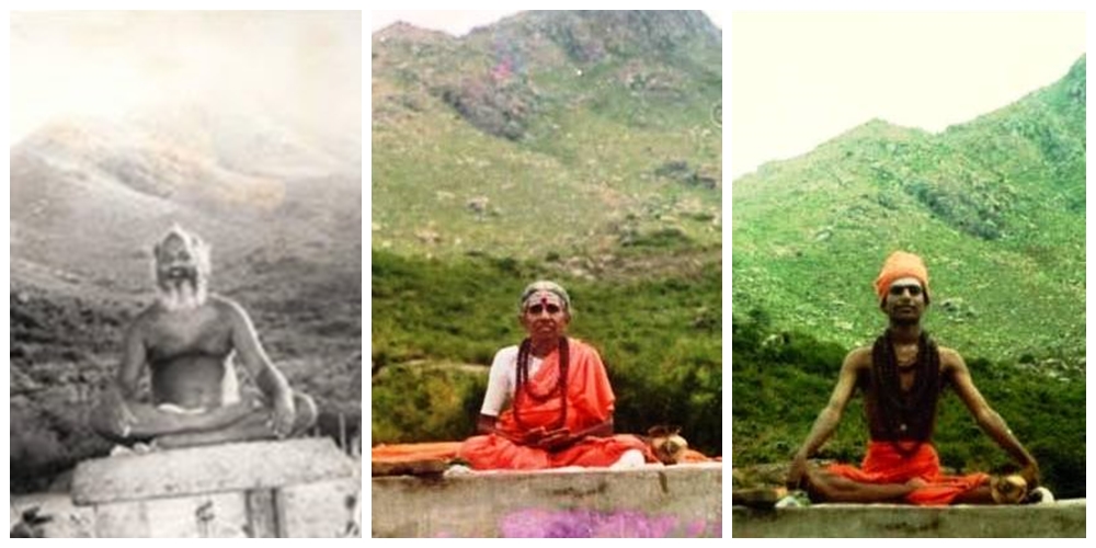 Photo 1 Isakki swamigal, Photo 2 : Matha Vibhutananda Puri is seated on the Sarvajna Peetha, as inheritor to Isakki Swamigal. Next to her are the kamandalu (sacred water pot) and danda (wooden staff) that is passed on during initiation in the lineage.    photo 3: Paramahamsa Nithyananda is seated on the Sarvajna Peetha as the next inheritor of the lineage. The same kamandalu (sacred water pot) and danda (wooden staff) are placed next to him as part of what was handed over to him upon initiation into this lineage.  